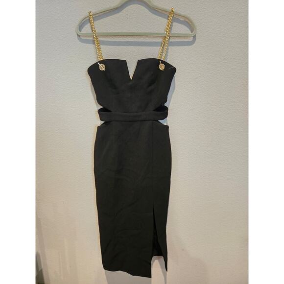Rebecca Vallance Women's Black Cocktail Dress 2 Gold Chain Straps Sleeveless - Picture 1 of 12